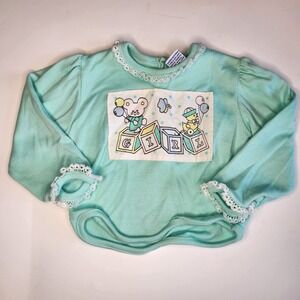 DOE-SPUN Girl Toy Blocks Sweater Baby 6-9 Months Green Layette Sweatshirt VTG